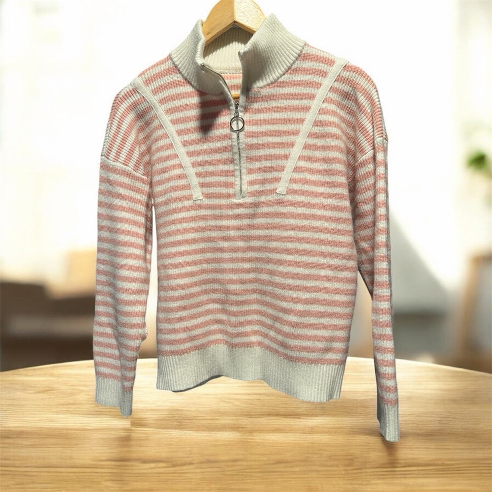 Striped Half-Zip Pullover Sweater - Pink and Cream